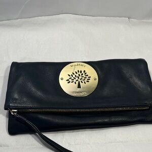 Mulberry Black Leather Wristlet with Gold Accent